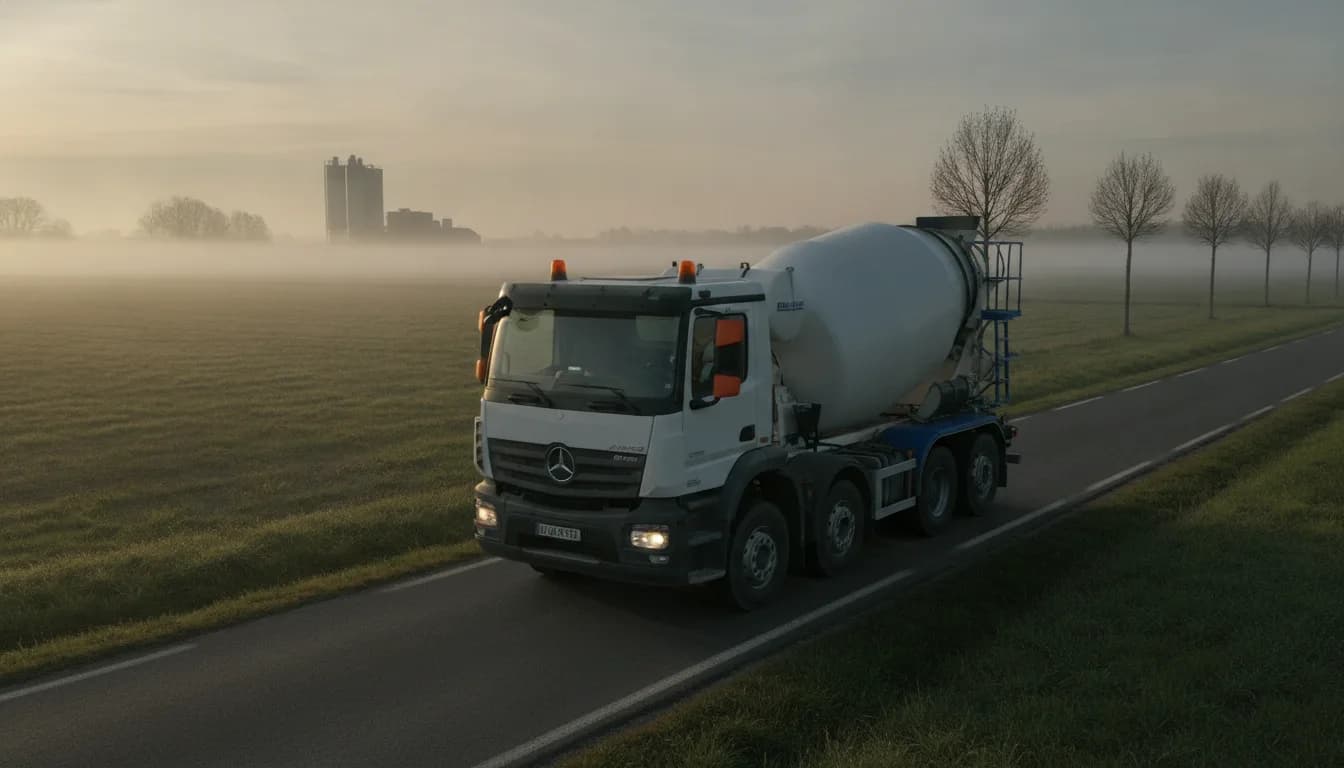 Camion toupie en route au petit matin vers un chantier