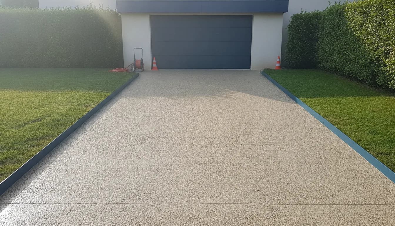 Allée carrossable en béton drainant devant un garage, eau qui s'infiltre