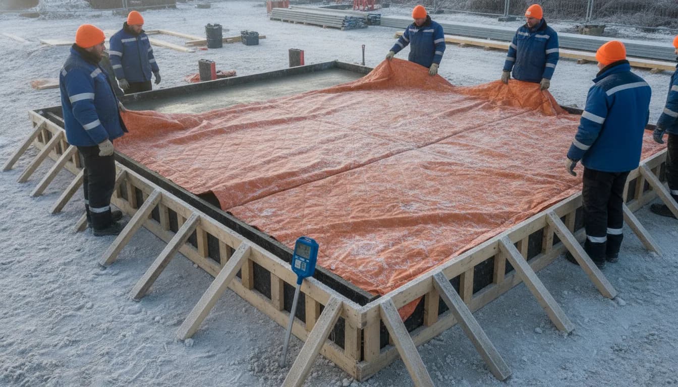 Chantier de dalle en hiver, bâche isolante sur le béton frais