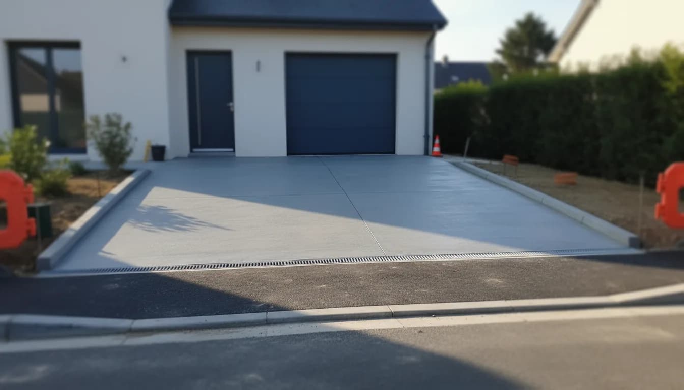 Descente de garage en béton balayé raccordée au trottoir par un bateau, avec caniveau devant la porte