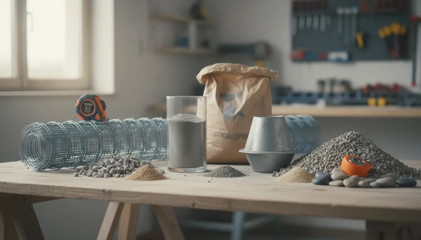 Éprouvette, cône d'Abrams, sac de ciment, granulats et treillis sur une table de chantier