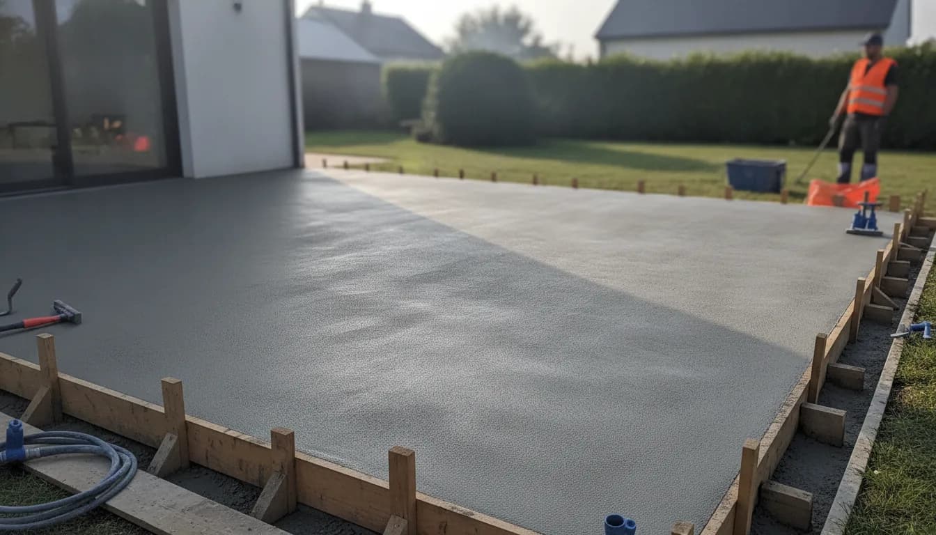 Terrasse en béton balayé fraîchement coulée derrière une maison