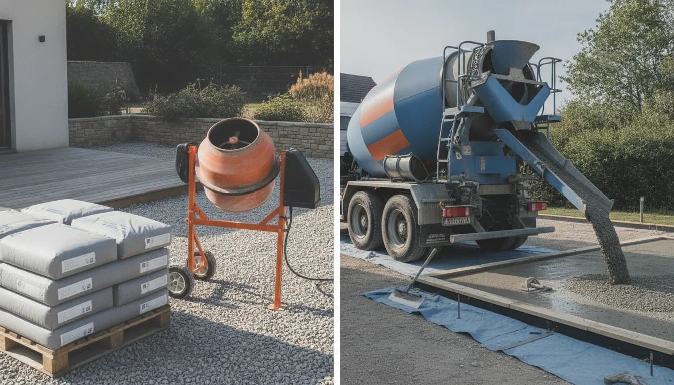 Palette de sacs de béton et bétonnière face à un camion toupie