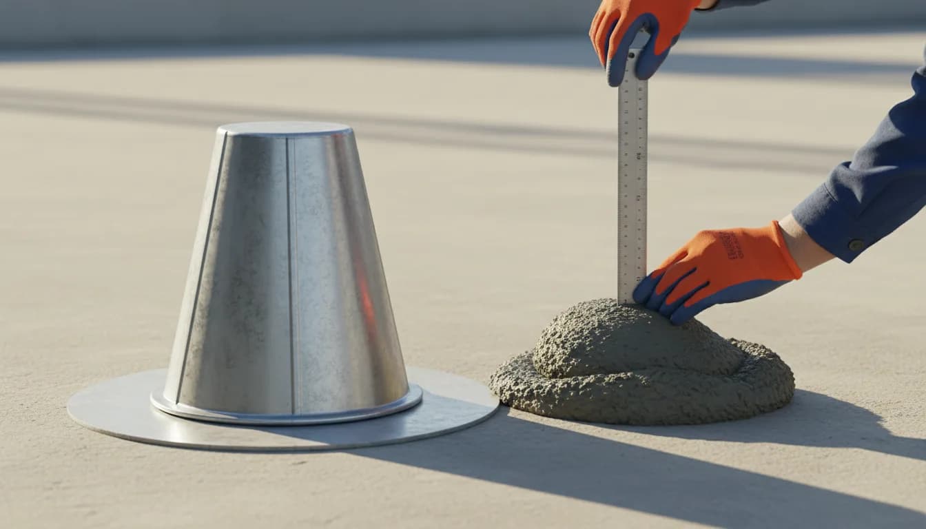 Éprouvette, cône d'Abrams, sac de ciment, granulats et treillis sur une table de chantier
