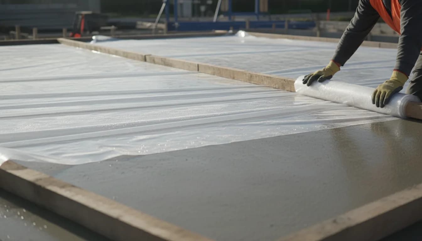 Cure d'une dalle fraîchement coulée : film polyane déroulé sur toute la surface et lesté en périphérie pour retenir l'eau