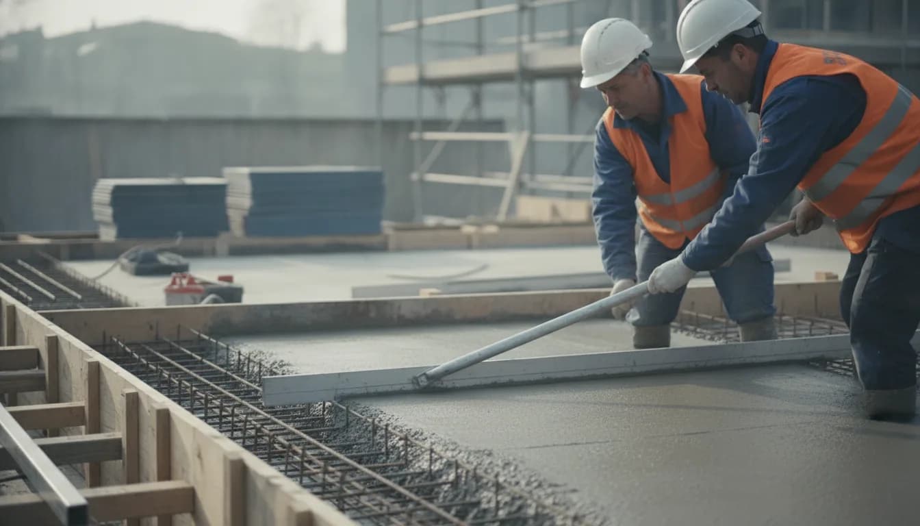 Coulage d'une dalle béton sur un chantier de montagne en Haute-Savoie
