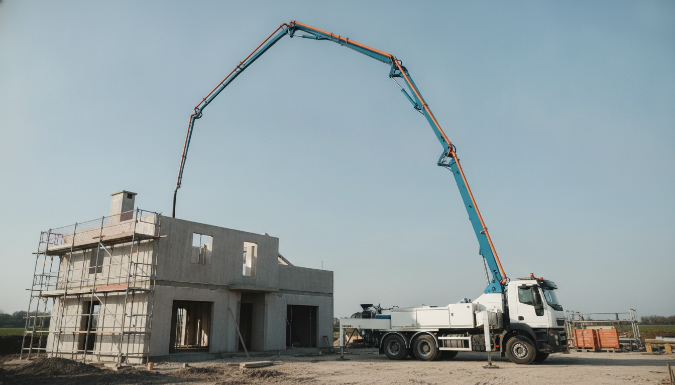 Camion-pompe à béton avec flèche déployée sur un chantier