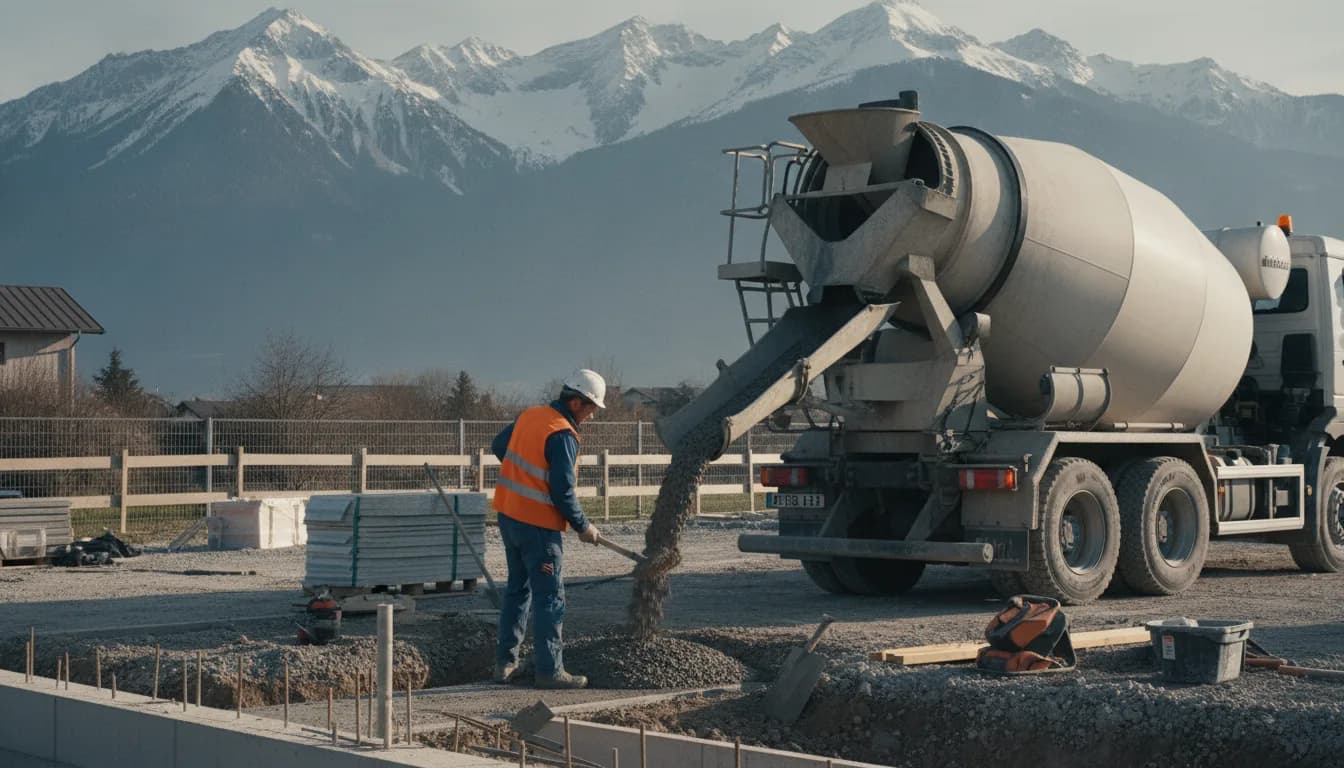 Camion toupie déversant du béton frais sur un chantier, montagnes en arrière-plan