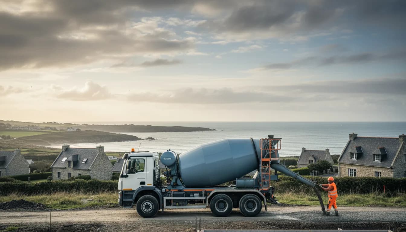 Camion toupie livrant du béton prêt à l'emploi à Plouaret