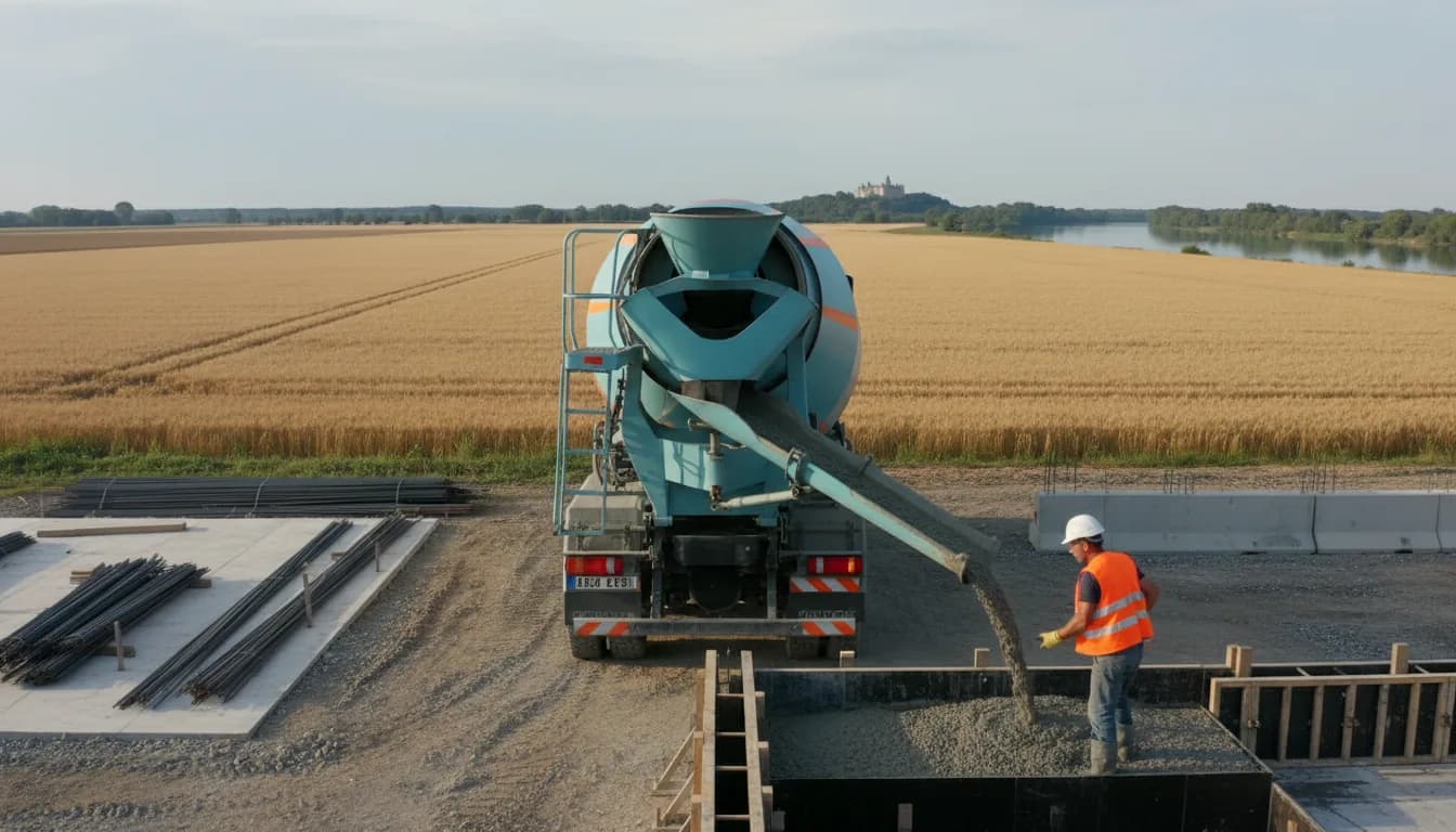 Camion toupie livrant du béton prêt à l'emploi à Coullons