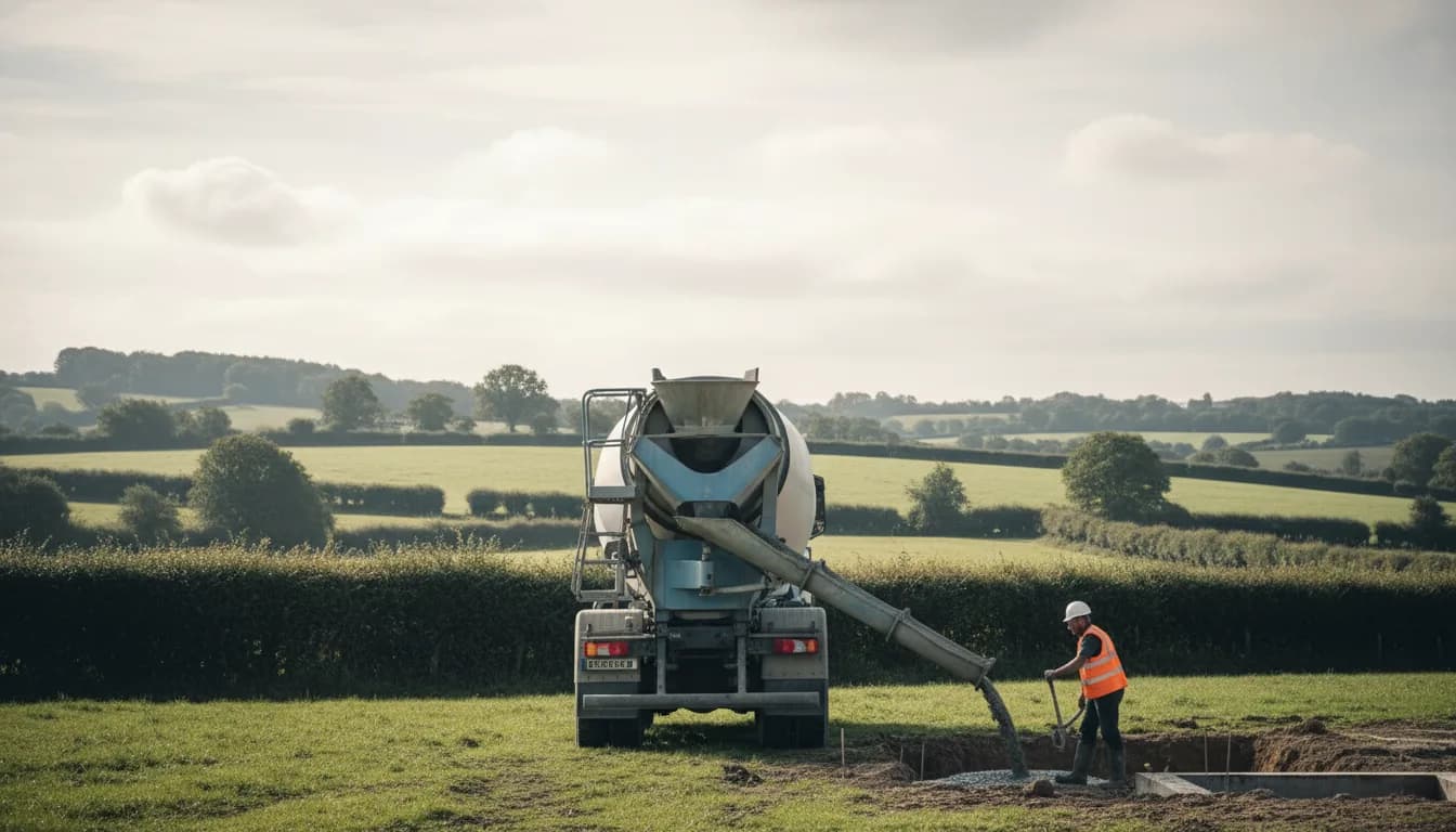 Camion toupie livrant du béton prêt à l'emploi à Déville-lès-Rouen