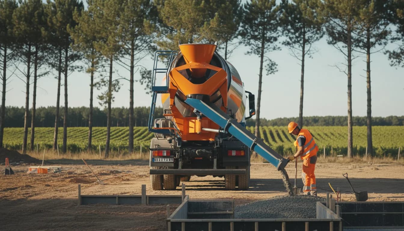 Camion toupie livrant du béton prêt à l'emploi à Fumel