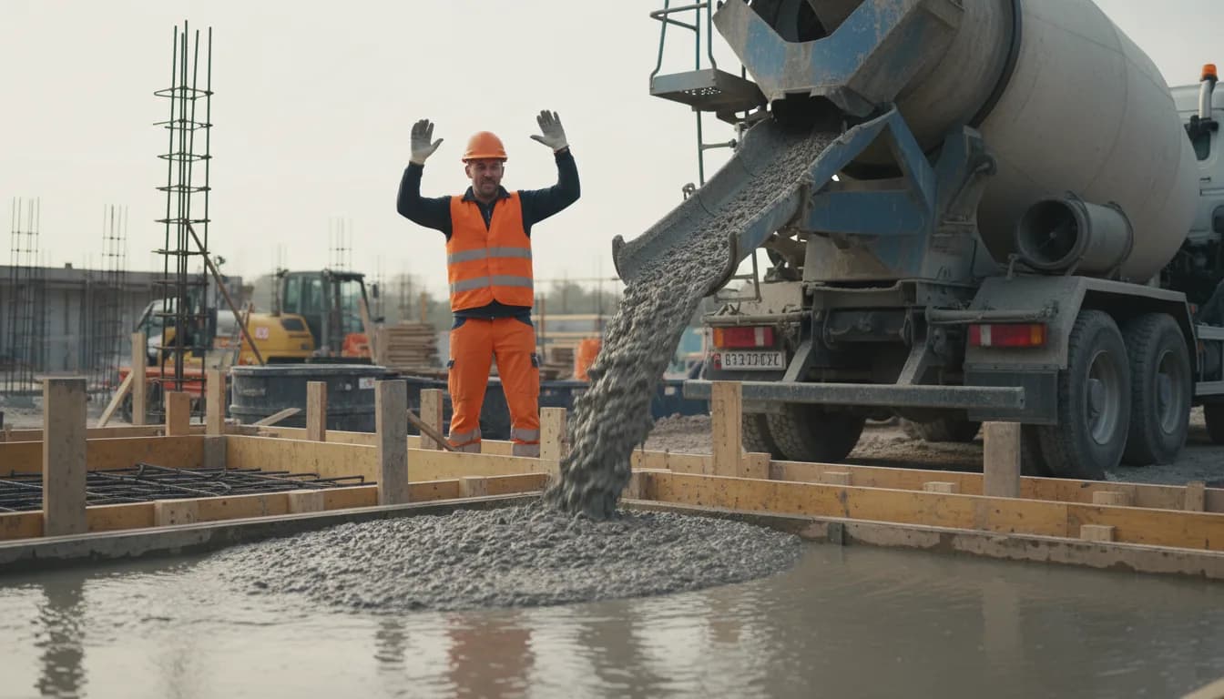 Béton trop liquide dans un coffrage, un homme fait signe au chauffeur d'arrêter