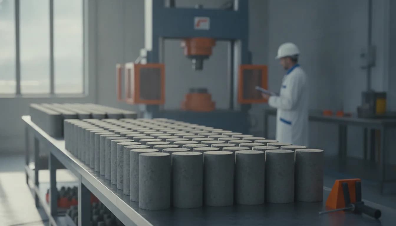 Éprouvettes de béton devant une presse d'essai en laboratoire