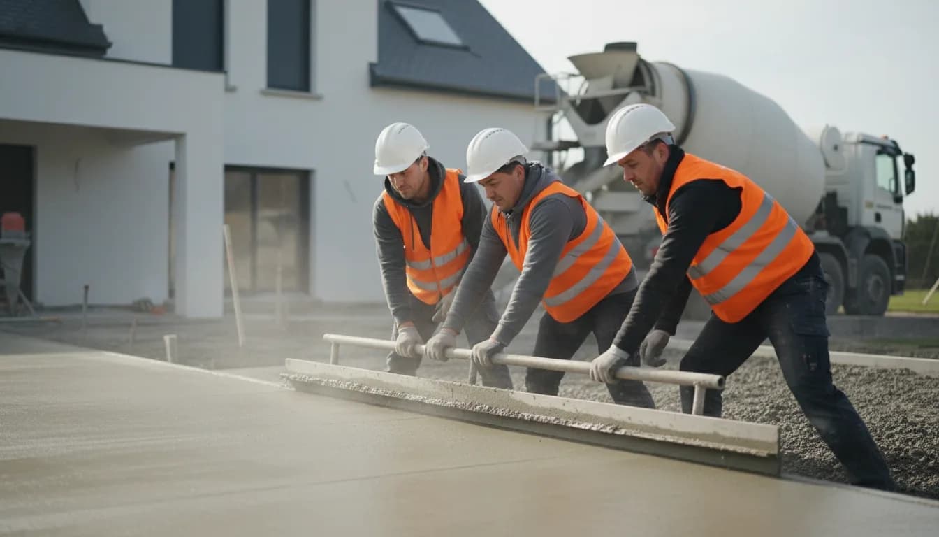 Trois particuliers tirant une dalle de terrasse à la règle, toupie en arrière-plan