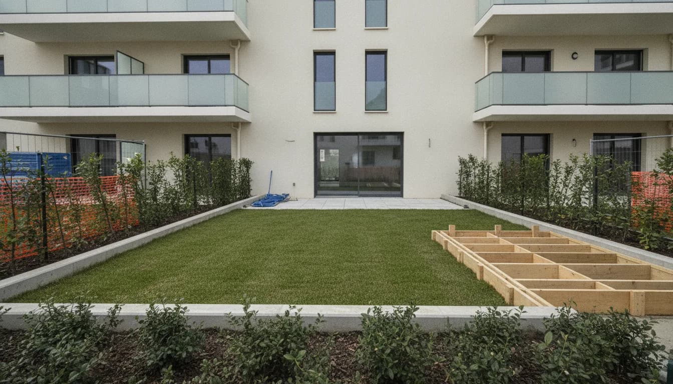 Jardin privatif en rez-de-chaussée d'un immeuble en copropriété, terrasse à couler