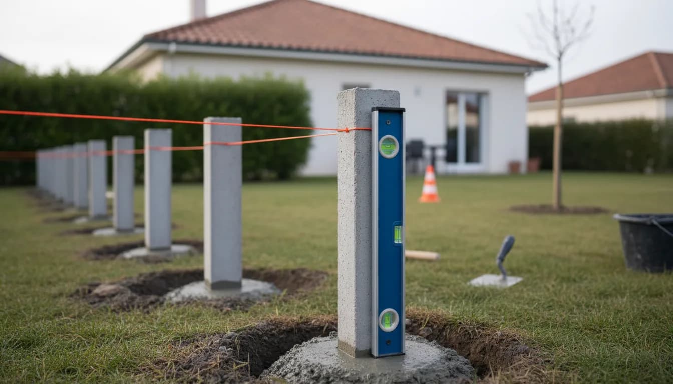 Poteaux de clôture alignés au cordeau dans des trous remplis de béton frais
