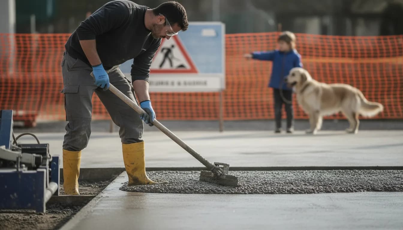 Ouvrier en gants, bottes et lunettes travaillant du béton frais, enfant et chien derrière une barrière