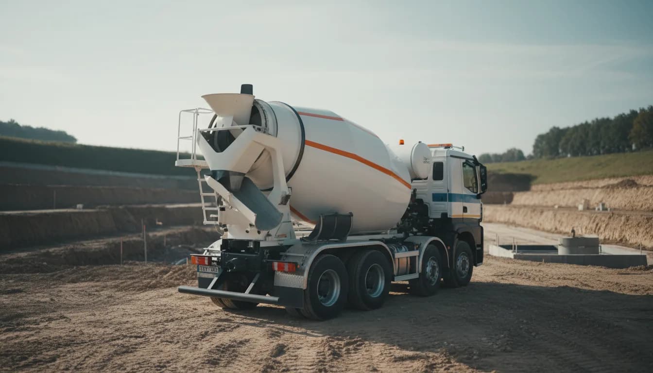Camion toupie 8x4 à quatre essieux sur un chantier de fondations