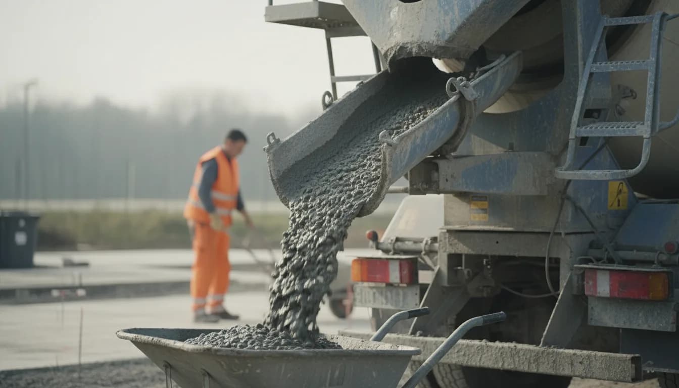 Goulotte d'un camion toupie déversant du béton dans une brouette