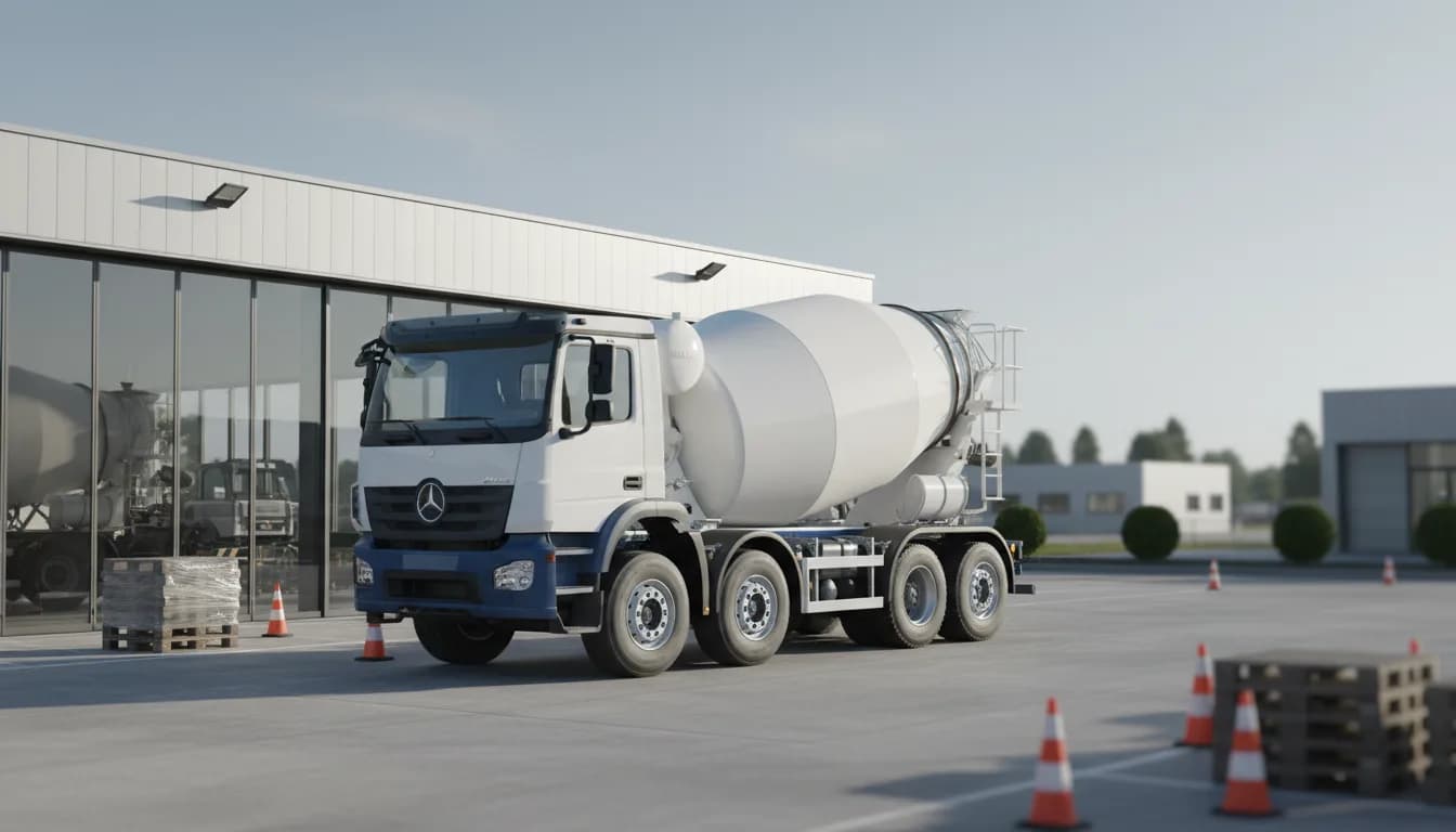 Camion toupie 8x4 neuf sur le parc d'un concessionnaire poids lourds