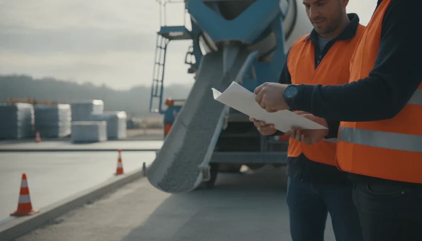 Bon de livraison tenu en main devant un camion toupie, stylo prêt