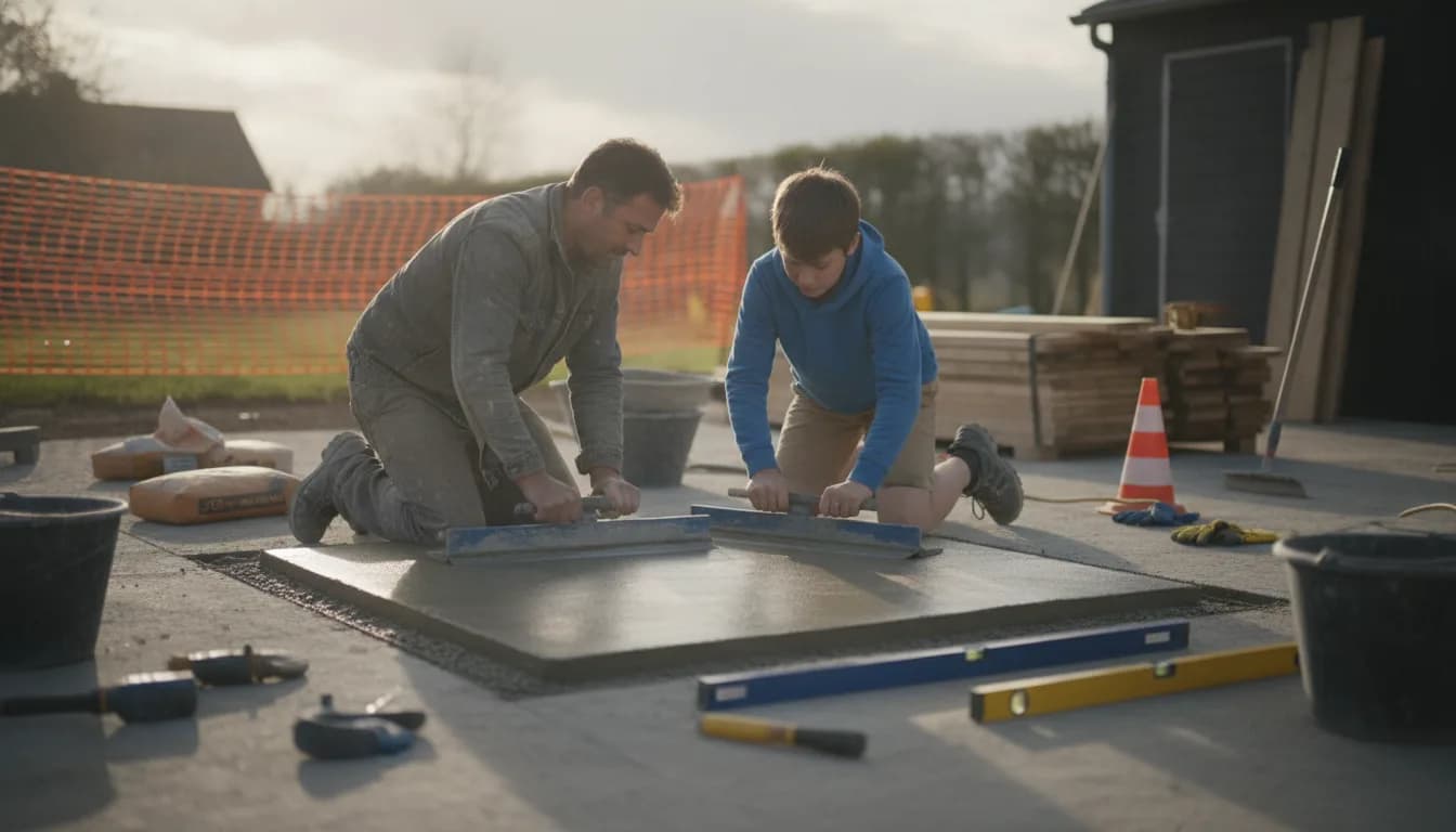 Trois particuliers tirant une dalle de terrasse à la règle, toupie en arrière-plan