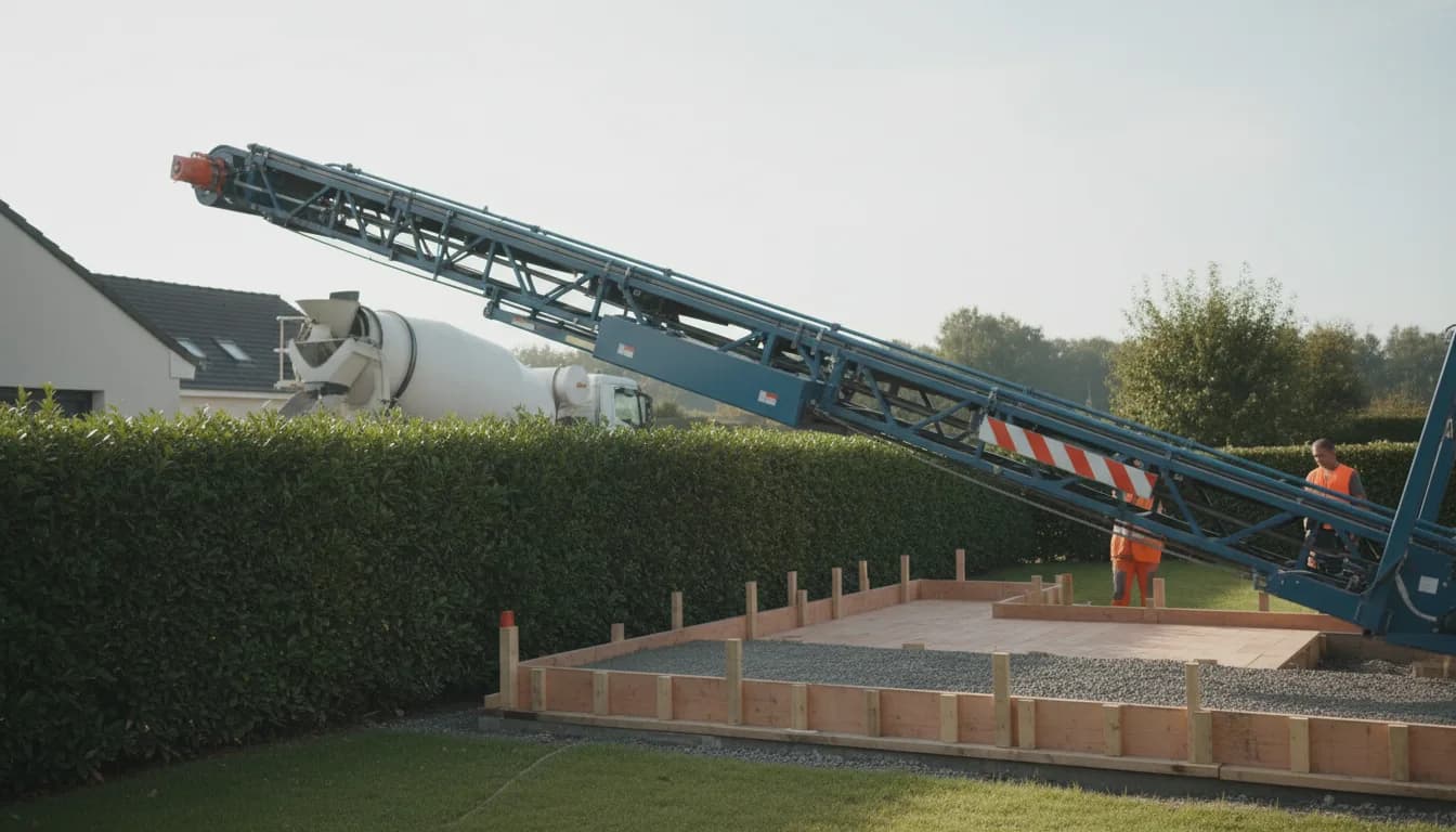 Goulotte de toupie, tapis convoyeur télescopique et flèche de pompe sur un même chantier