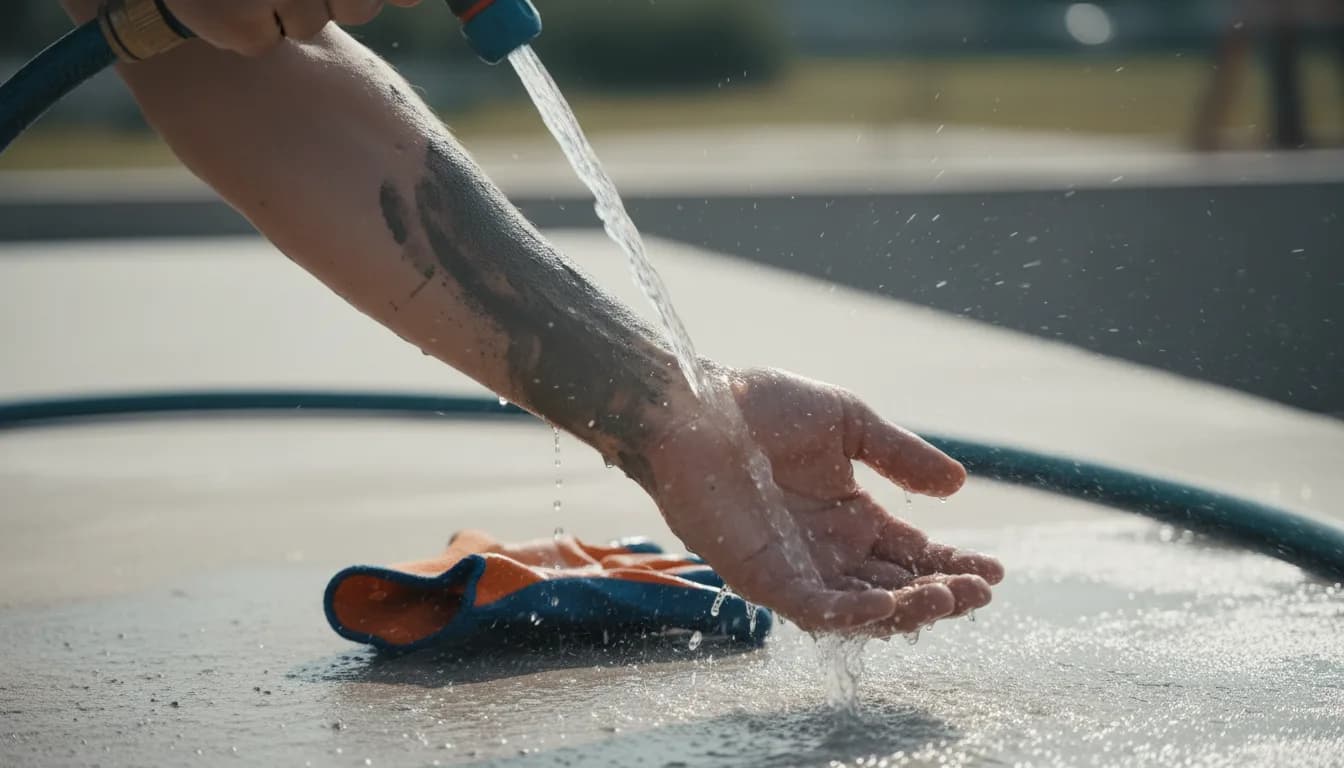 Ouvrier en gants nitrile, bottes et lunettes travaillant du béton frais, enfant et chien derrière une barrière