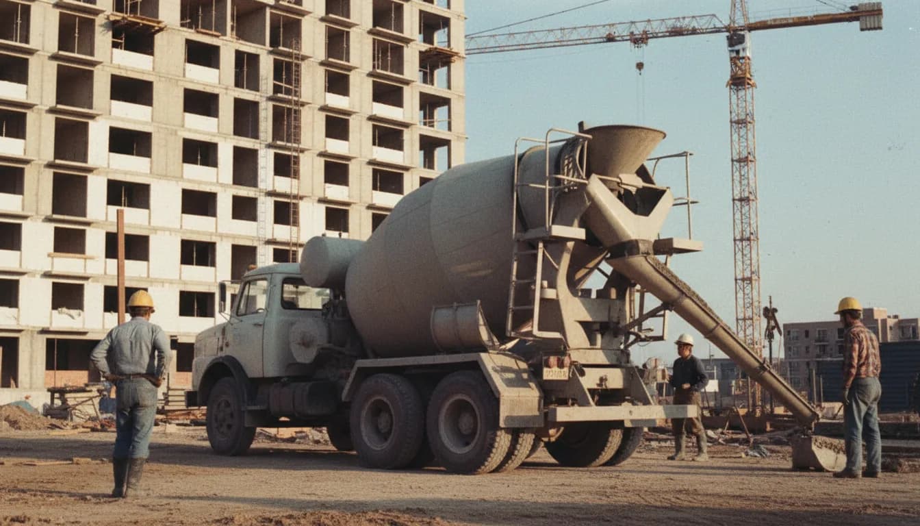 Camion toupie des années 1970 livrant du béton au pied d'un grand ensemble en construction