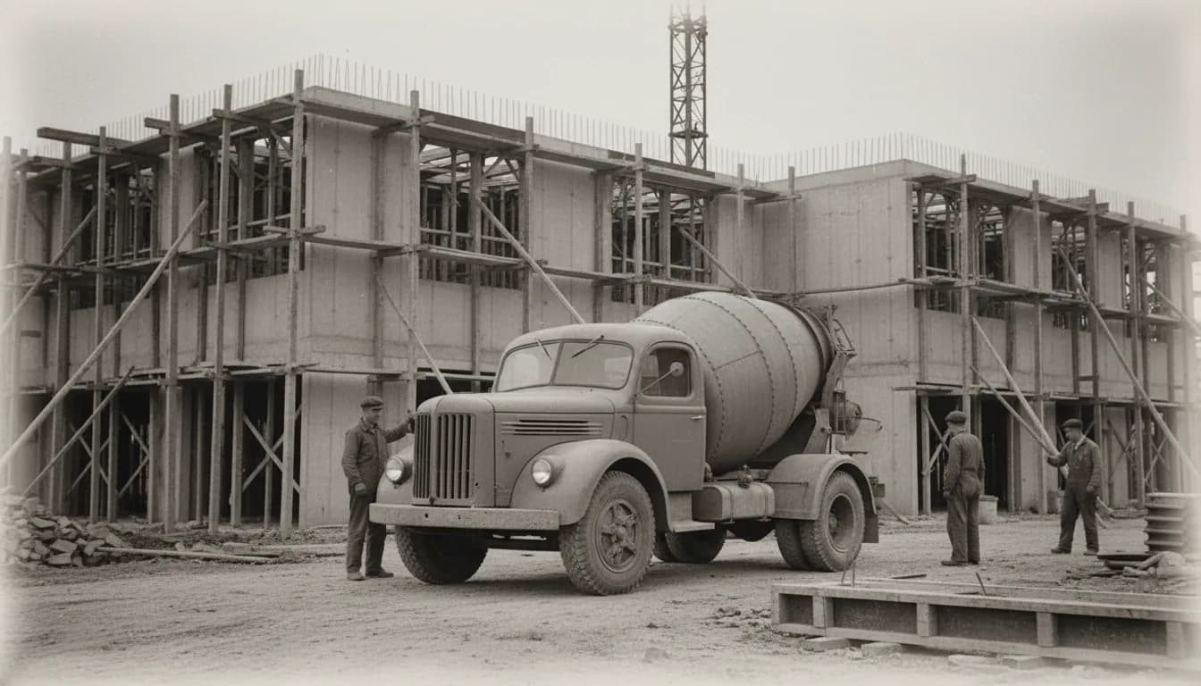 Camion malaxeur à béton ancien des années 1950 sur un chantier de reconstruction, photographie d'archive