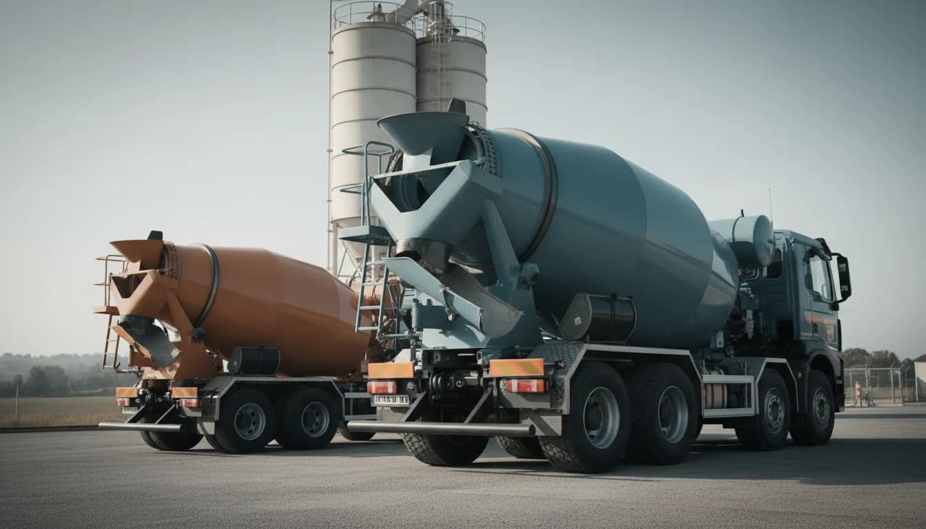Camions toupies de trois gabarits différents alignés au dépôt d'une centrale à béton, du petit porteur au quatre essieux