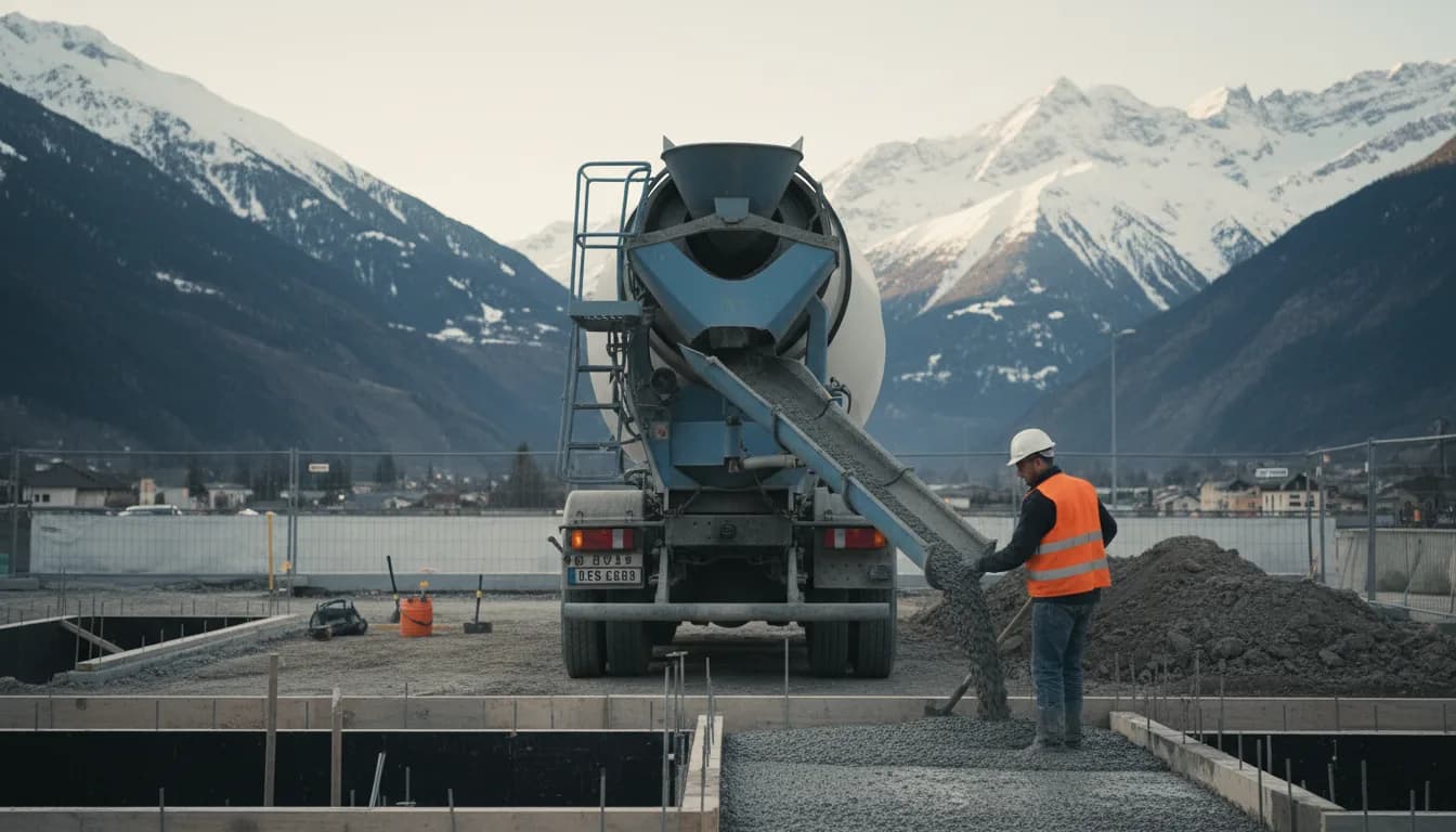 Camion toupie livrant du béton prêt à l'emploi à Sallanches