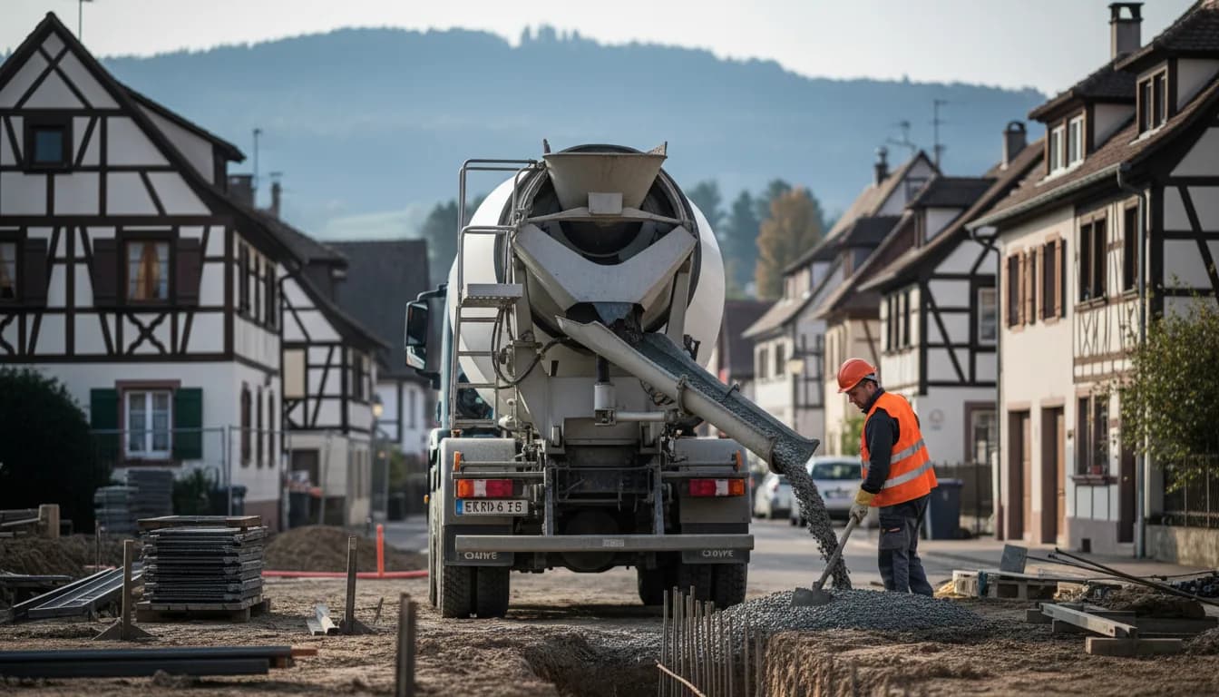 Camion toupie livrant du béton prêt à l'emploi à Aumetz