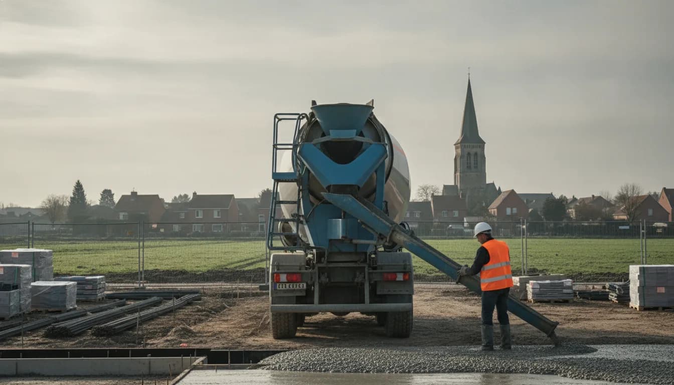 Camion toupie livrant du béton prêt à l'emploi à Crouy