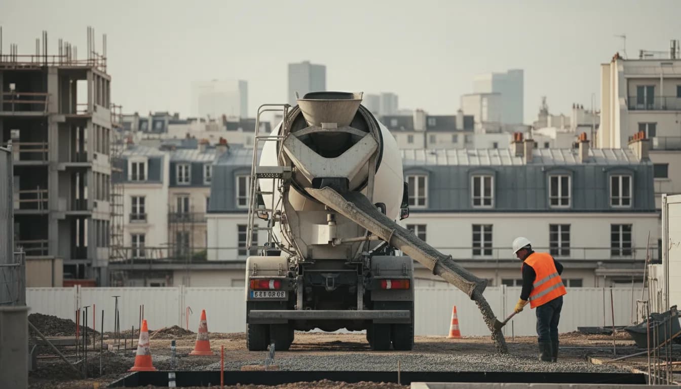 Camion toupie livrant du béton prêt à l'emploi à Bruyères-le-Châtel