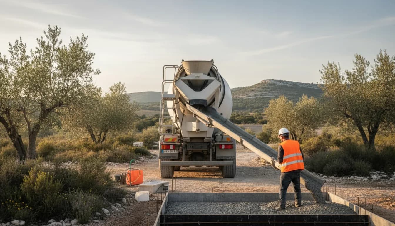Camion toupie livrant du béton prêt à l'emploi à Biot